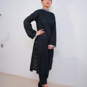 High Neck Casual Suit with White Pearl Detailing