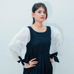Luxe Black Cotton Frock with Fluffy Sleeves